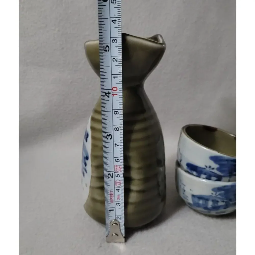 Vtg Set 5 Sake Rice Green Pottery Japanese Drink Cups Pitcher Pinch Pottery